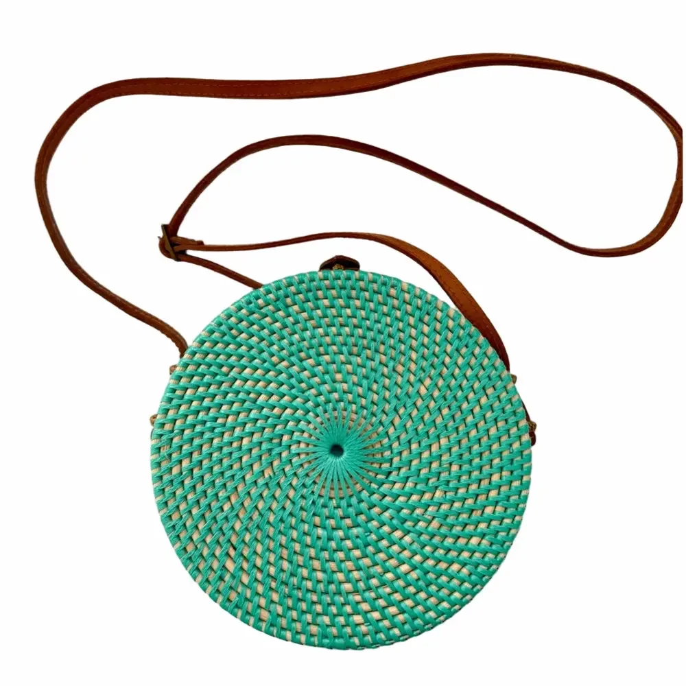 POPPY & SAGE Camilla Aqua Turquoise Woven Rattan Circle Crossbody Handmade NEW